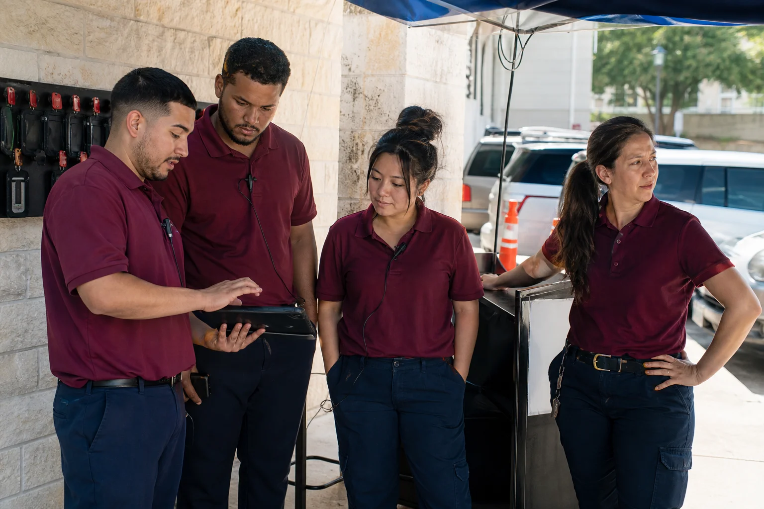 Four uniformed valet attendants reviewing an arrival plan before a shift