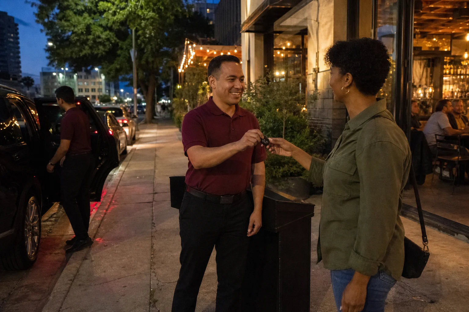 Uniformed valet returning keys to a guest outside an Austin restaurant at dusk