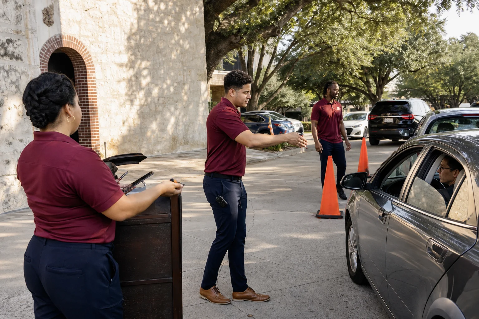 Three uniformed valet attendants directing an arriving car at an Austin venue